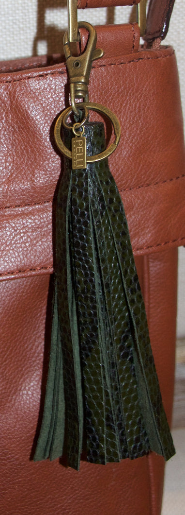Tassel Key Ring Bag Clip- Olive Embossed Leather Snake Print- Antique Brass
