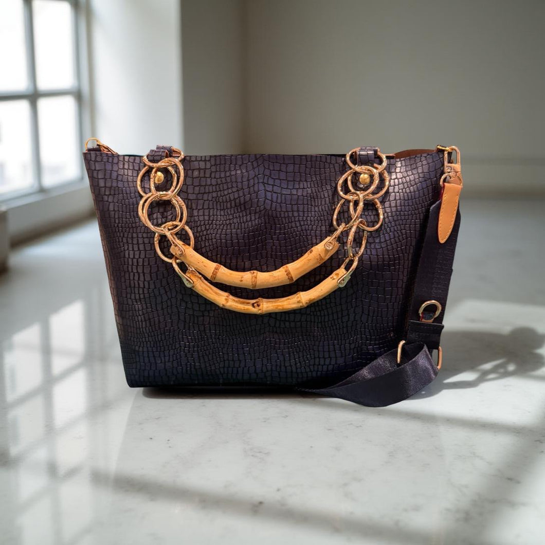 Essentials Convertible Tote- Navy Embossed Cowhide Leather- Bamboo Handles