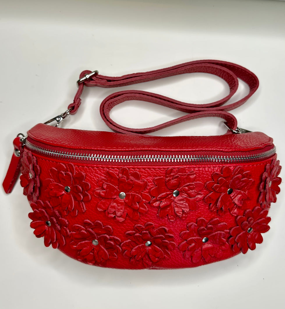 Flower Power Bum Bag- Red leather