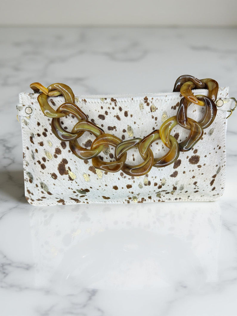Abbey 3 Way Convertible Clutch: Beige & Brown with gold Hair-On Acid Washed Cowhide