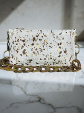 Abbey 3 Way Convertible Clutch: Beige & Brown with gold Hair-On Acid Washed Cowhide
