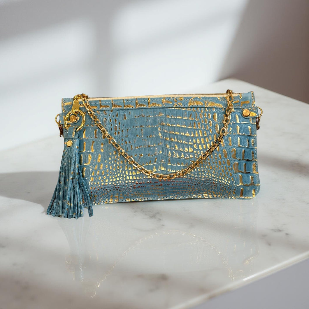 Abbey- Turquoise Embossed Leather