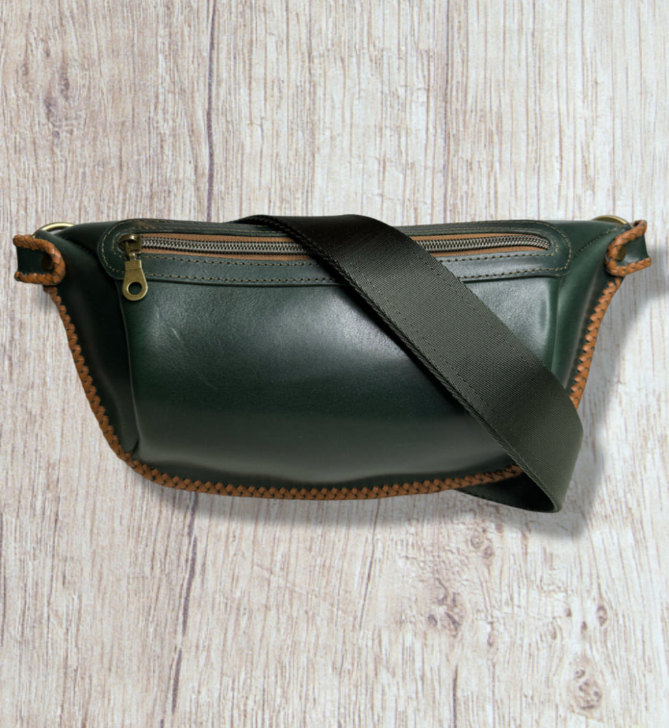 Bum Bag- Green with Braided Leather Edge Trim