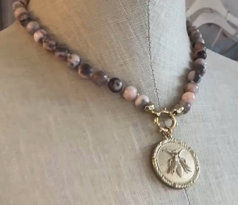 Pink Jasper Bee Coin Necklace
