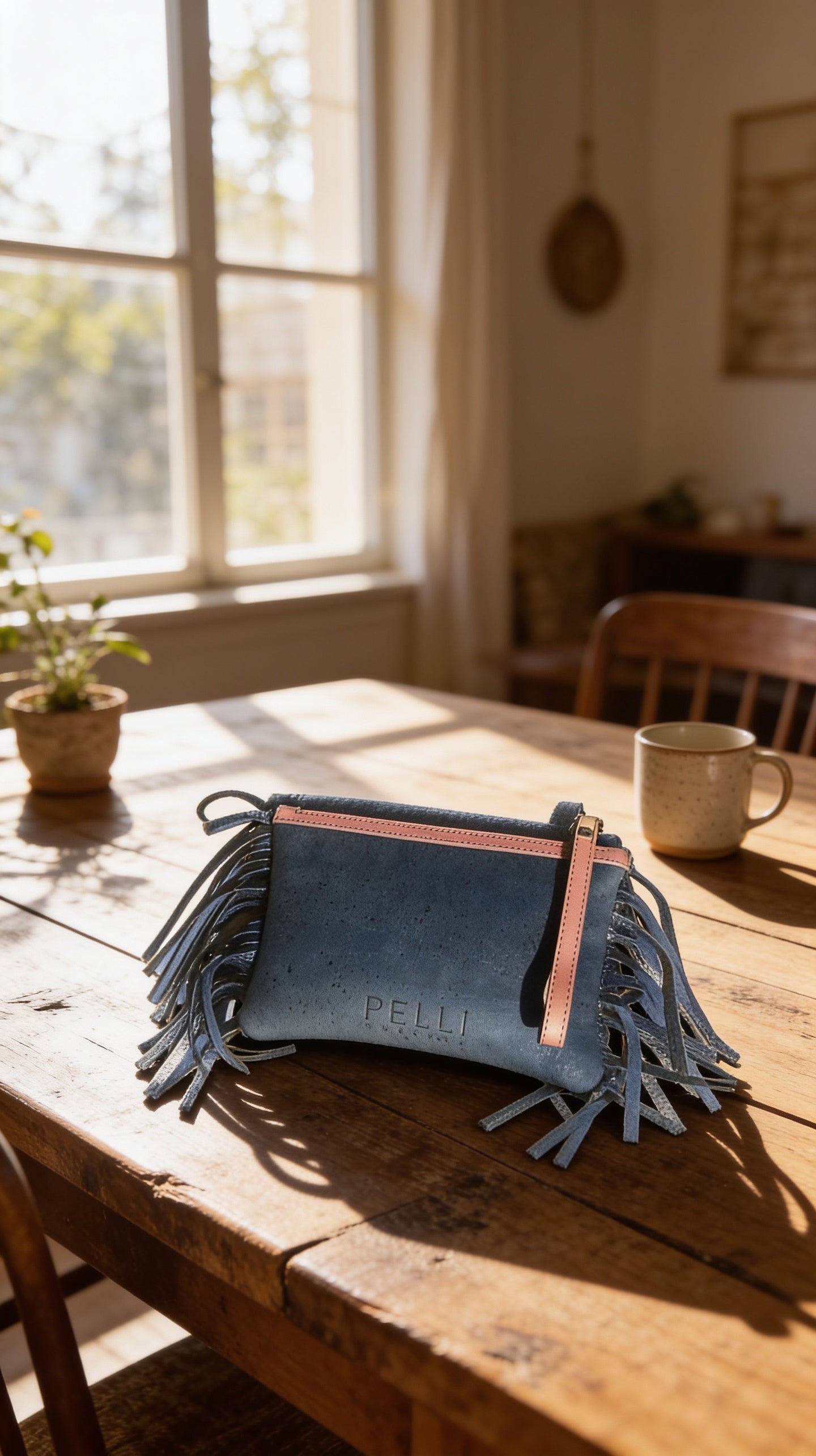 Justine Wristlet- Navy Cork with Snake Embossed Leather trim and fringe