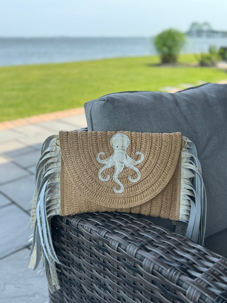 Half Moon Raffia Flap Bag-Leather Octopus & Fringe
