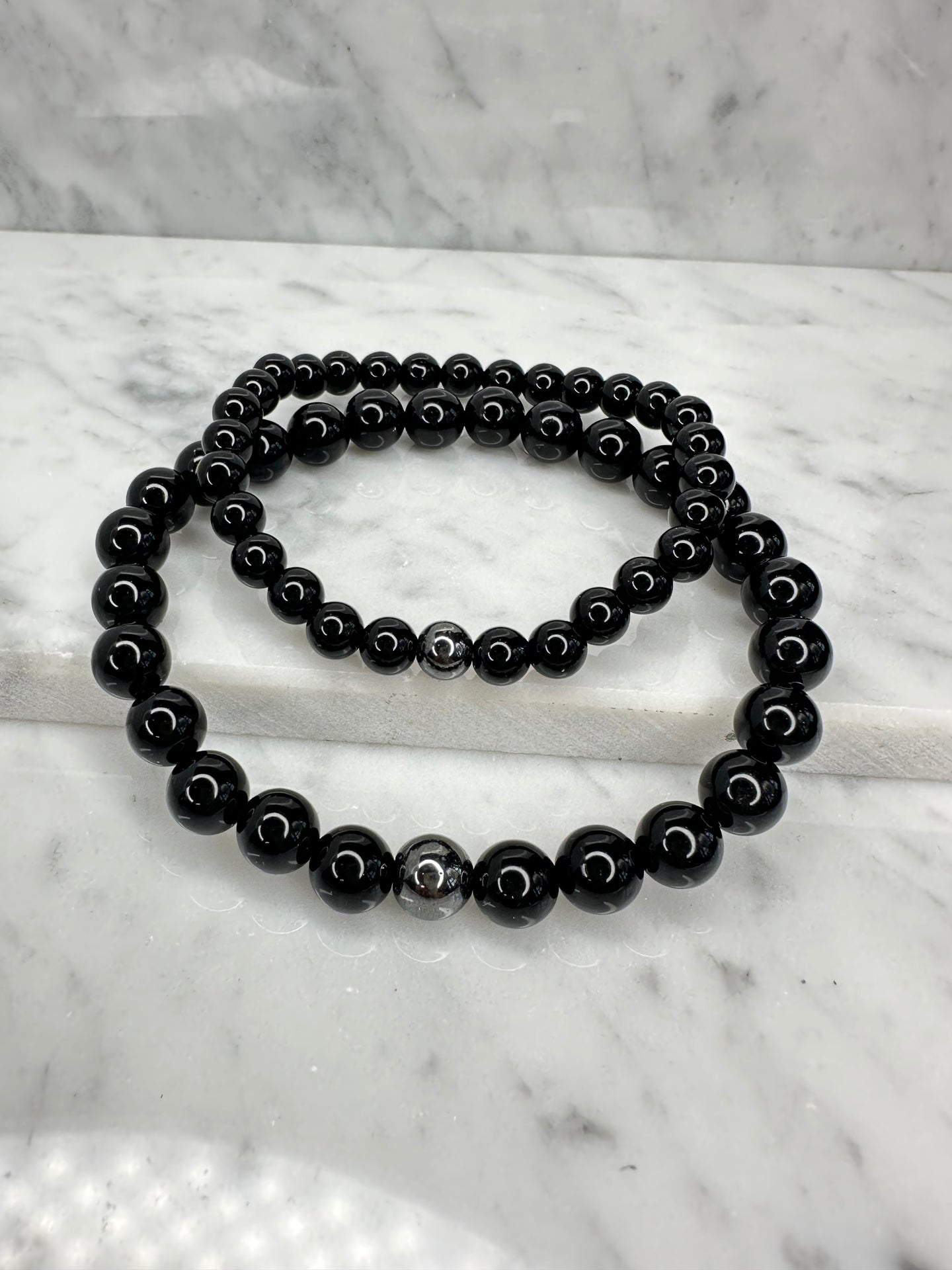 Genuine Black Onyx & Hematite Accent Bead Bracelet