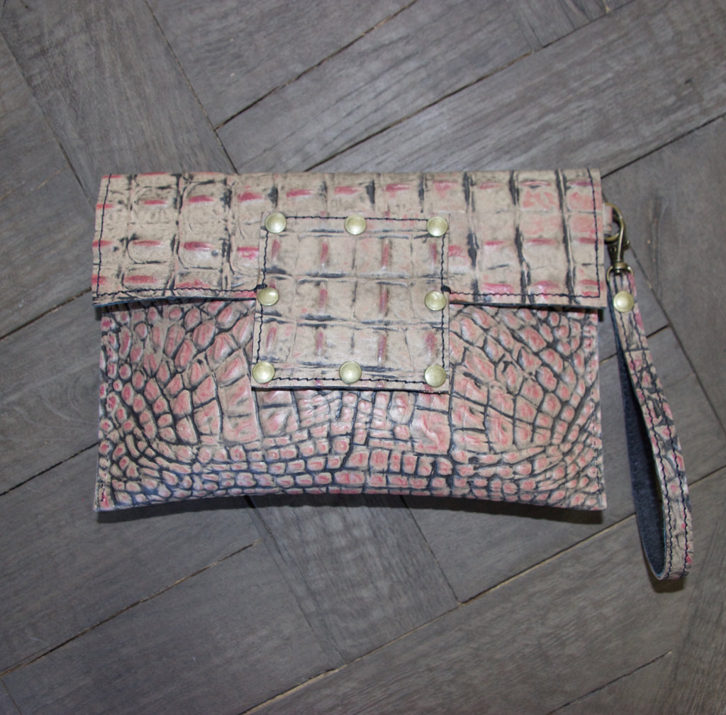 Kylie Clutch- Alligator Embossed Leather- Cream with Pink – Pelli Couture