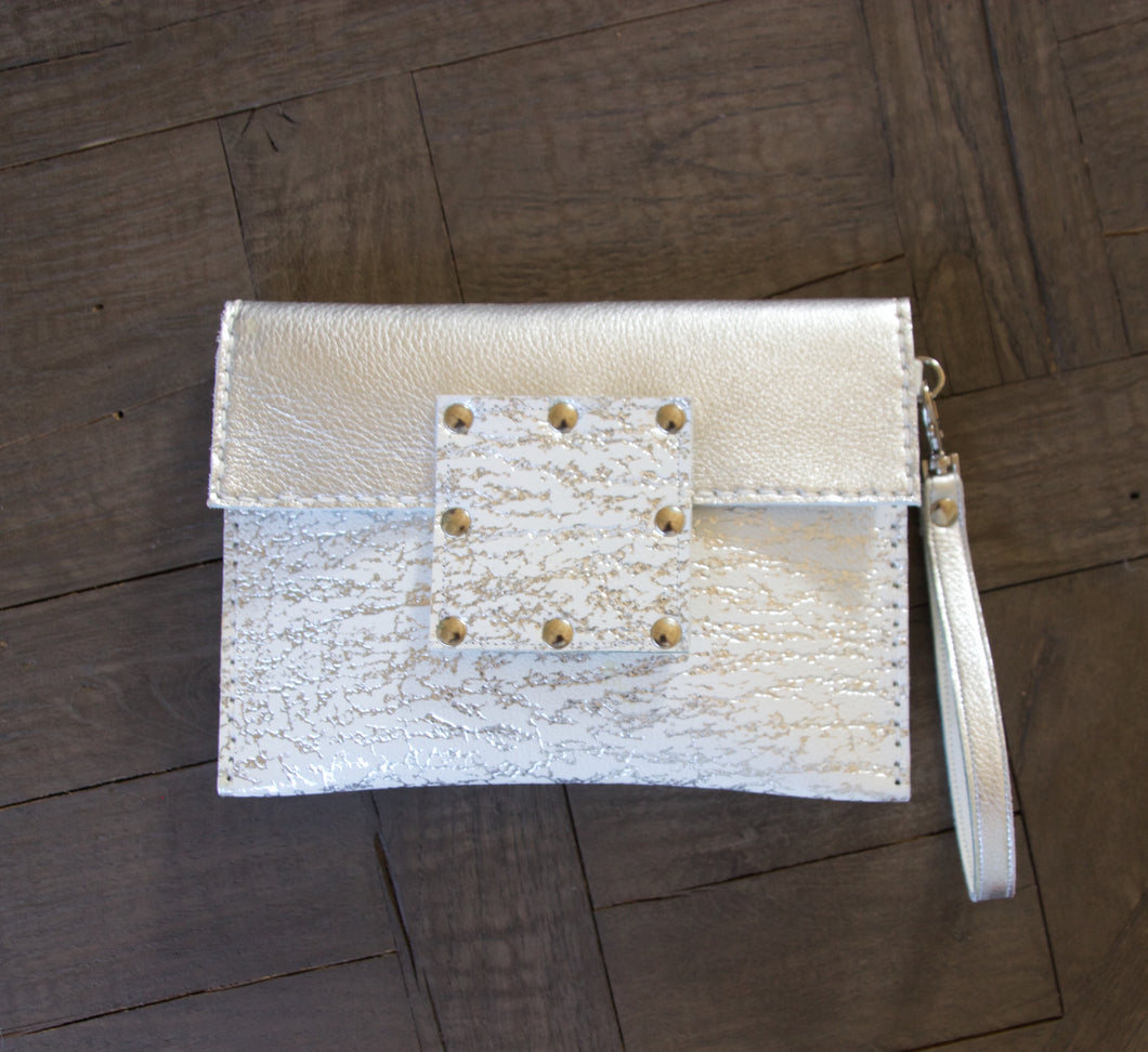 Kylie Clutch Embossed Leather- White w/ Silver