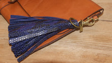 Tassel Key Ring Bag Clip- Navy Embossed Leather Snake Print- Antique Brass Hardware