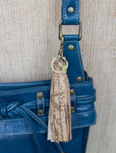 Tassel Key Ring Bag Clip- Beige Embossed Leather Snake Print- Antique Brass Hardware