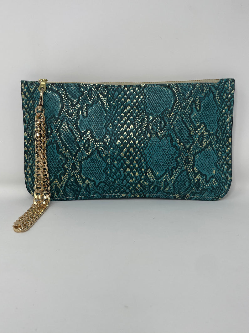 Abbey Snake Embossed Turquoise and gold Leather Convertible Clutch