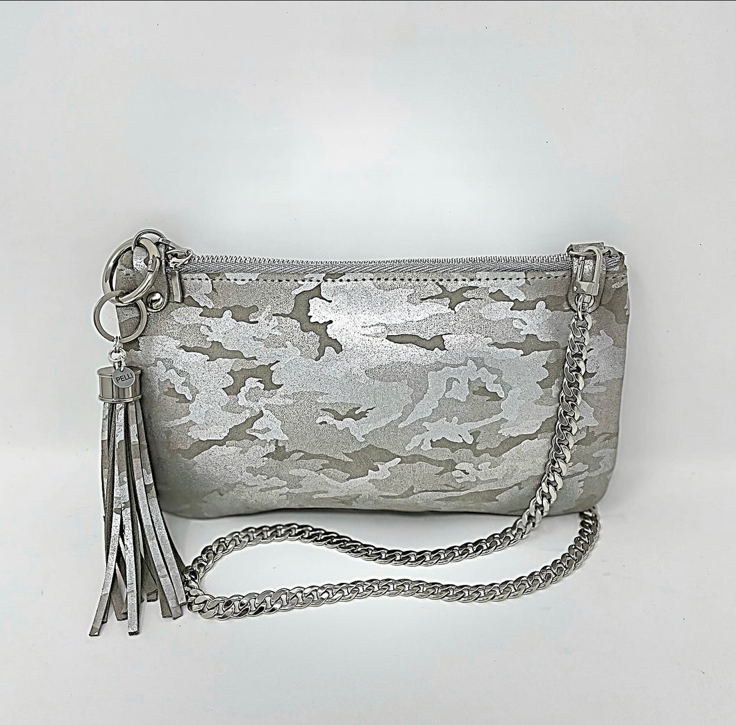 Gray Camouflage Convertible Leather Clutch with Tassel Keychain Bag Clip