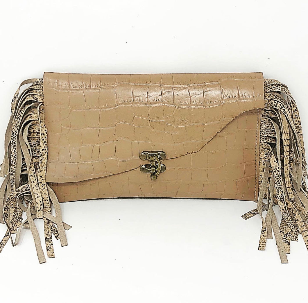 Croc Embossed Leather Fringe Clutch