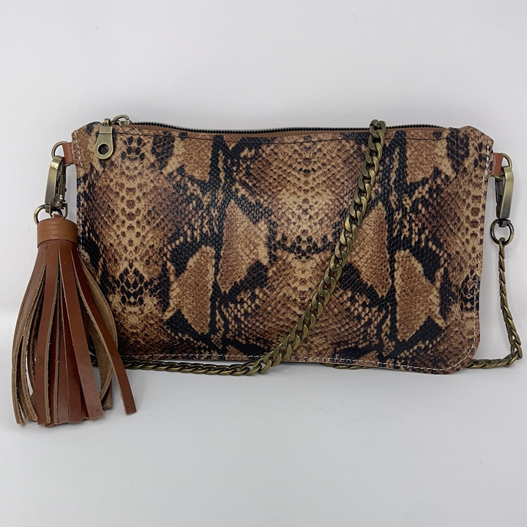 Abbey Snake Embossed Tan Leather Convertible Clutch