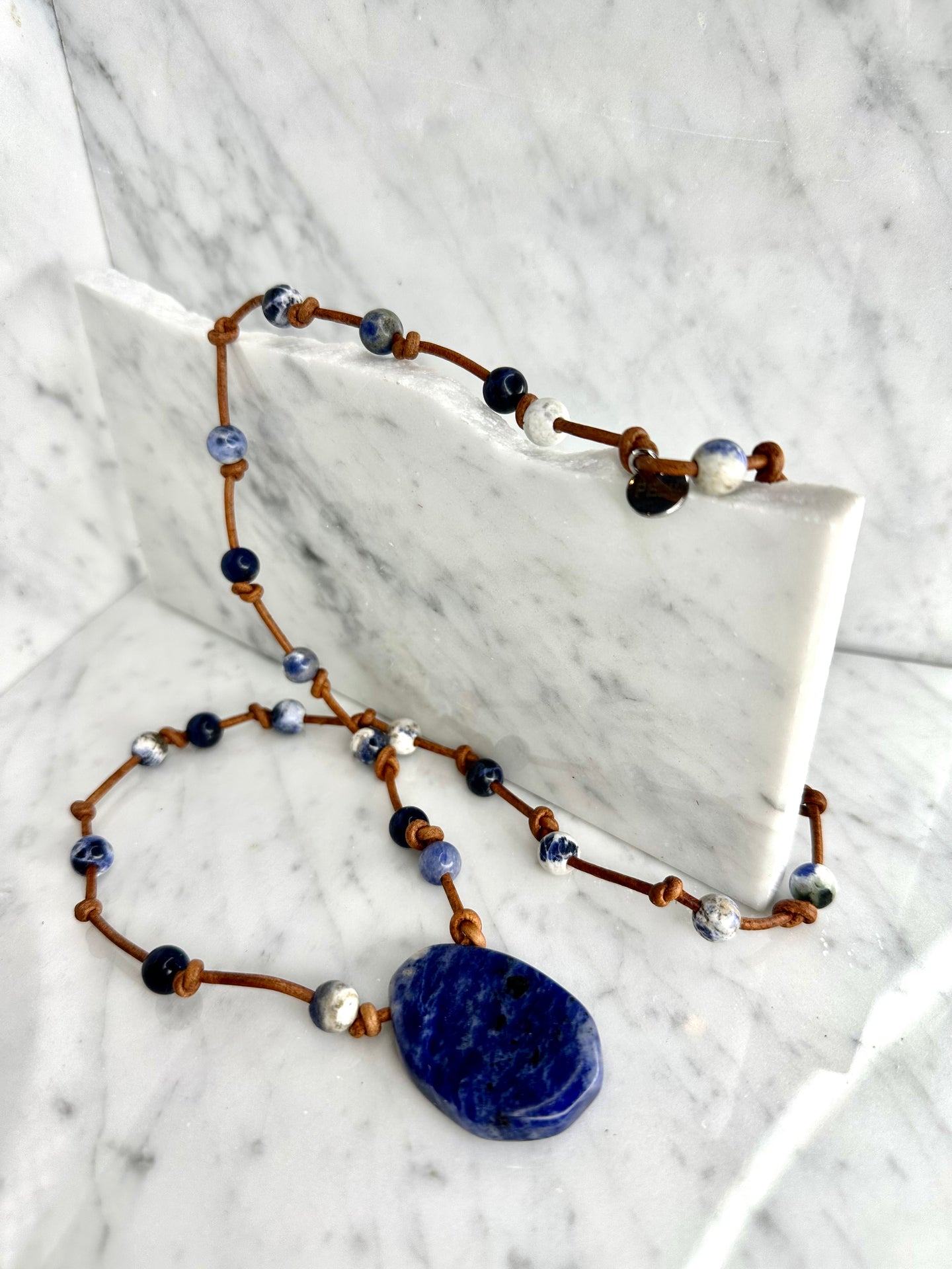 Semi Precious Blue Sodalite & Leather Necklace