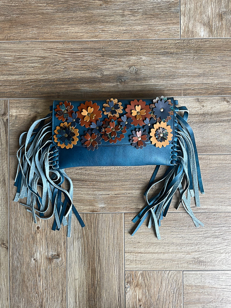 Fringe & Flower Leather Crossbody/Clutch