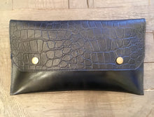 Black Leather Croco Embossed Flap Clutch