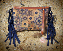 Justine Wristlet- Mosaic Cork and Blue Leather Snake Embossed Fringe