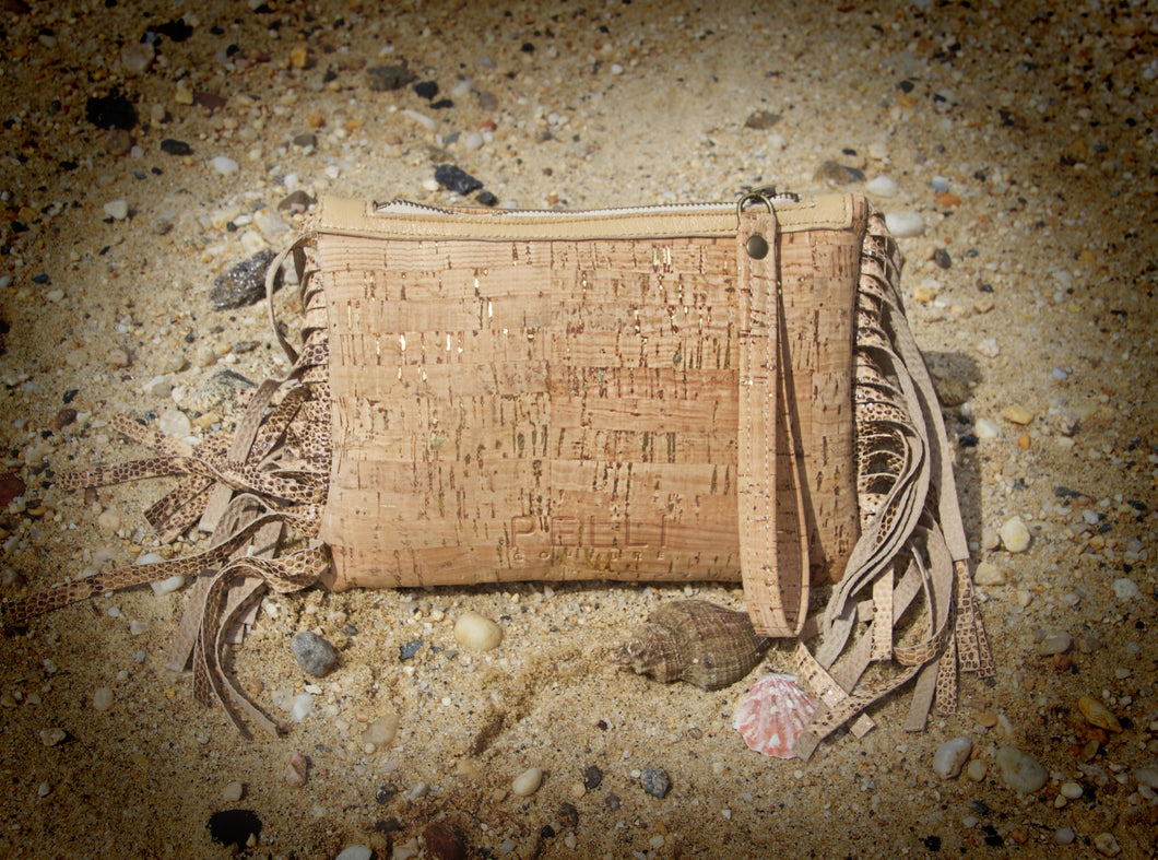 Justine Wristlet- Beige with Gold Flecks Cork and Beige Leather Snake Embossed Fringe