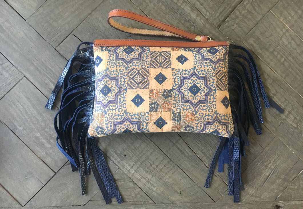 Justine Wristlet- Mosaic Cork and Blue Leather Snake Embossed Fringe