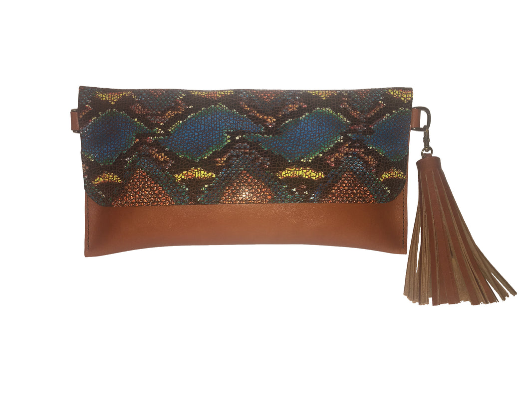 Maria Convertible Leather Clutch/Crossbody with Leather Cobra Print flap