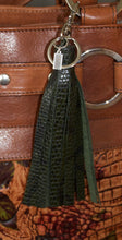 Tassel Key Ring Bag Clip- Olive Embossed Leather Snake Print - Silver Tone Hardware
