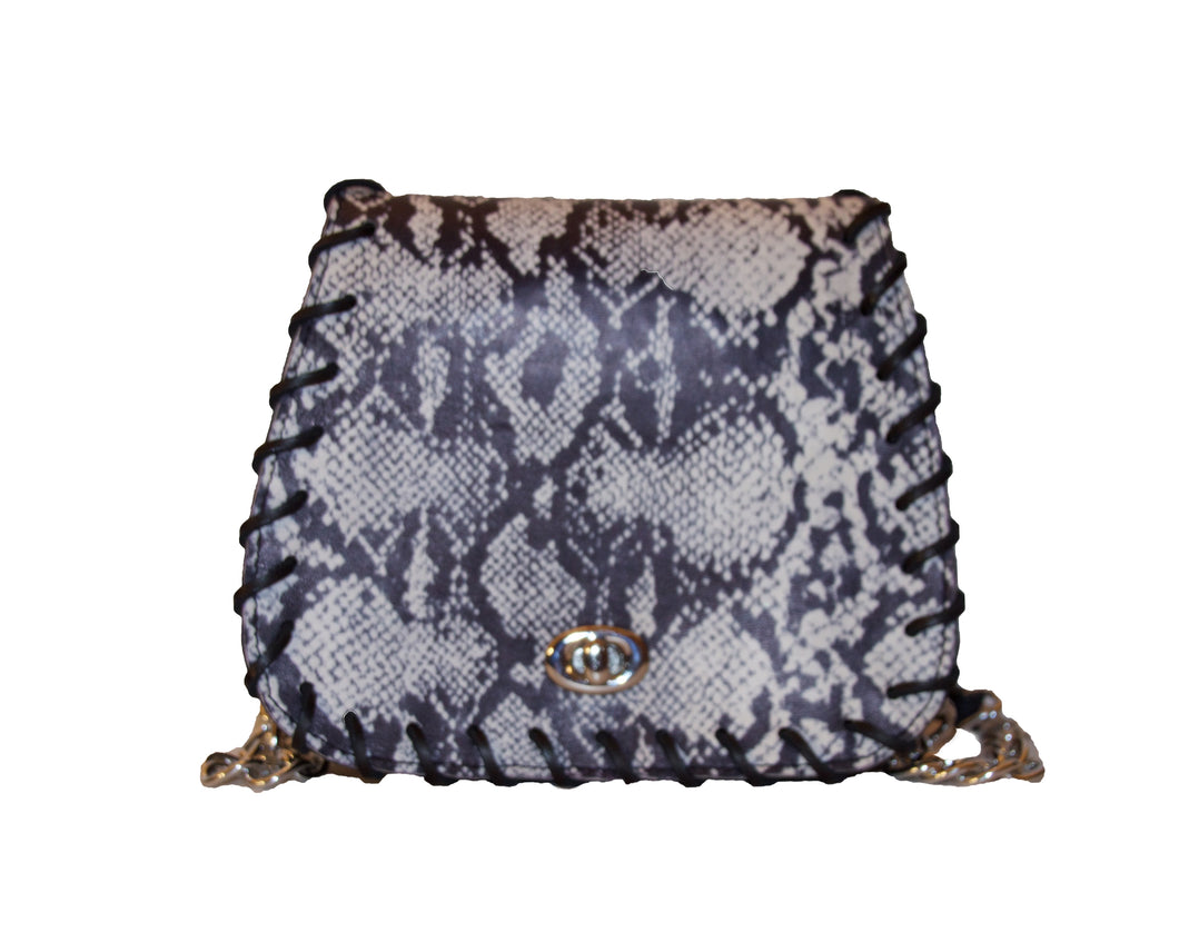 Tenley Crossbody Saddle Bag- Black & White Python Print Leather