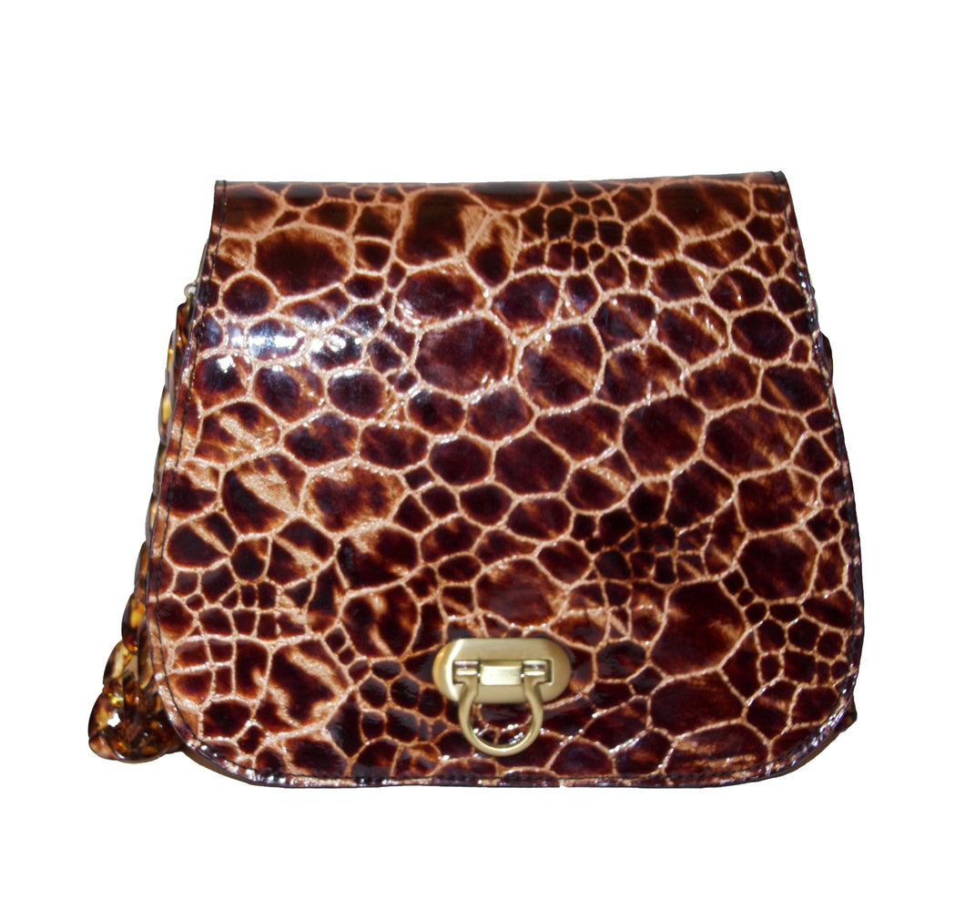 Tenley Crossbody Saddle Bag- Black & Brown Embossed Patent Leather